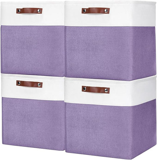 13x13 Cube Storage Bins, Collapsible Fabric Storage Box, Purple&White