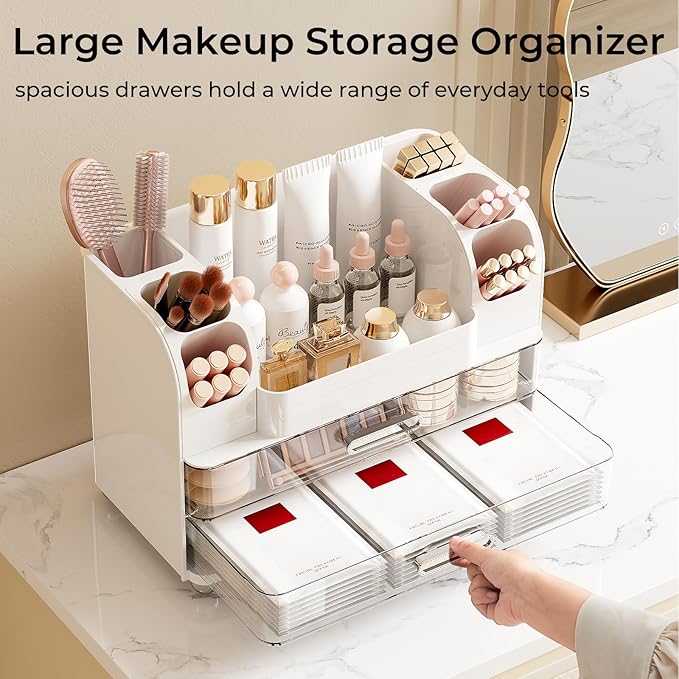Makeup Organizer for Vanity with 2 Large Drawers, White