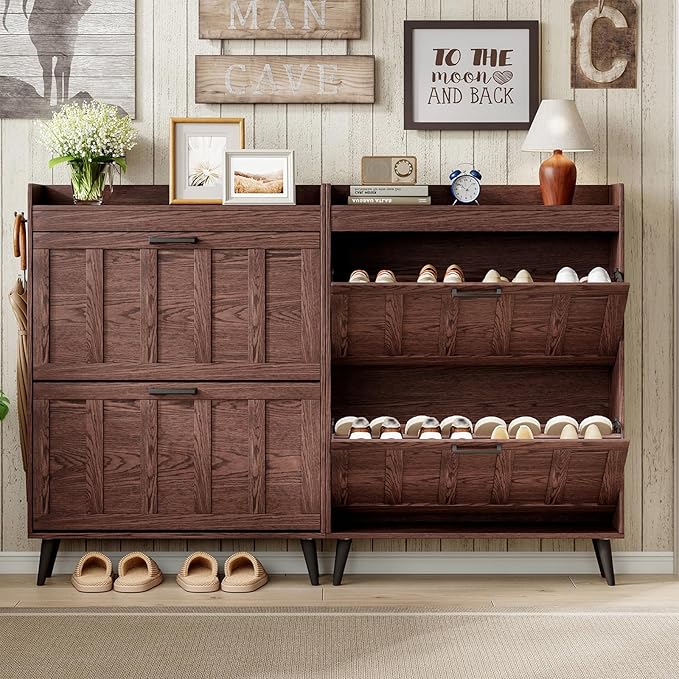 ChooChoo Shoe Storage Cabinet with 2 Flip Drawers, Freestanding Hidden Slim Narrow Shoe Rack Cabinet, Farmhouse Shoe Organizer Storage for Entryway, Walnut