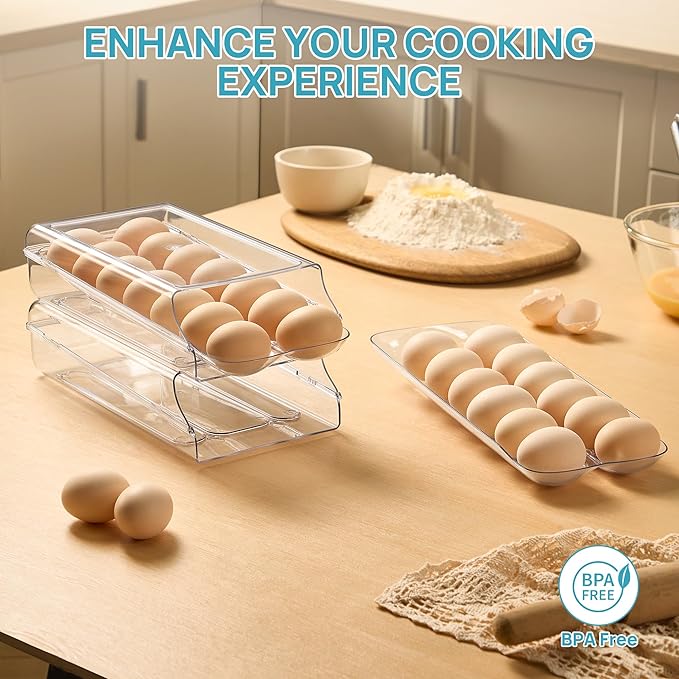 Vtopmart Clear Plastic Egg Holder for Fridge, Automatic Rolling Egg Container for Refrigerator, Stackable 14-Count Eggs Organizer with Removable Inner Tray, Fridge Organizers and Storage, 1Pack