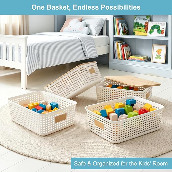 Bagnizer 4 Pack Plastic Storage Bins with Bamboo Lids, 6.2qt Stackable Storage Organizer Box with Lable for Pantry Shelves Drawers Desktop Office, 12"L x 8.5"W x 3.5"H, Cream White