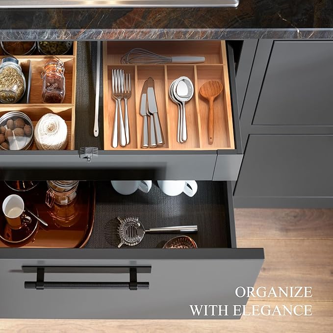 Silverware Organizer, Bamboo Kitchen Drawer Organizer, Utensil Holder, Cutlery Tray & Spoon Flatware Storage with Grooved Drawer Dividers (8.5''W x 15.5''D)
