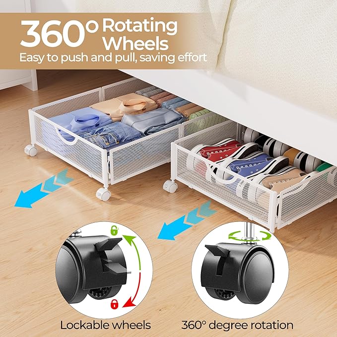 Under Bed Storage with Wheels, 2 Pack Under Bed Shoe Storage Organizer Drawer