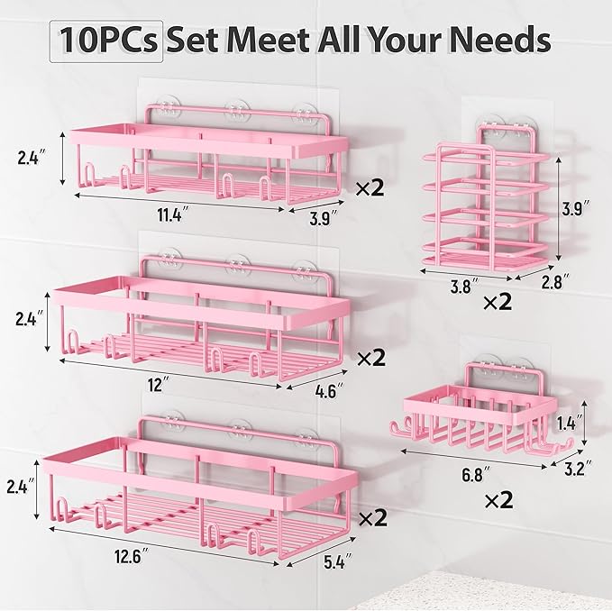 10 Pack Shower Caddy Organizer Rack Shelf for Inside Shower, Pink