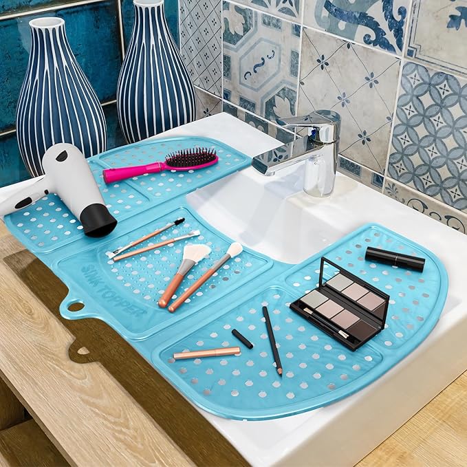 Sink Topper Bathroom Sink Cover for Counter Space & Storage Saver | RV Must Haves | Silicone Foldable Beauty Makeup Brush Cleaning Mat | Hot Tools | RV Sink Cover | Large, Pacific Blue
