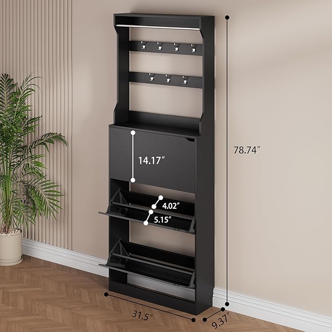 Shoe Storage Cabinet, Wood Shoe Organizer for Entryway with 3 Flip Drawers, Freestanding Shoe Rack with Adjustable Shelf, Narrow Shoe Dresser for Front Door Entrance(Black, 78.74" x 31.5" x 9.37")