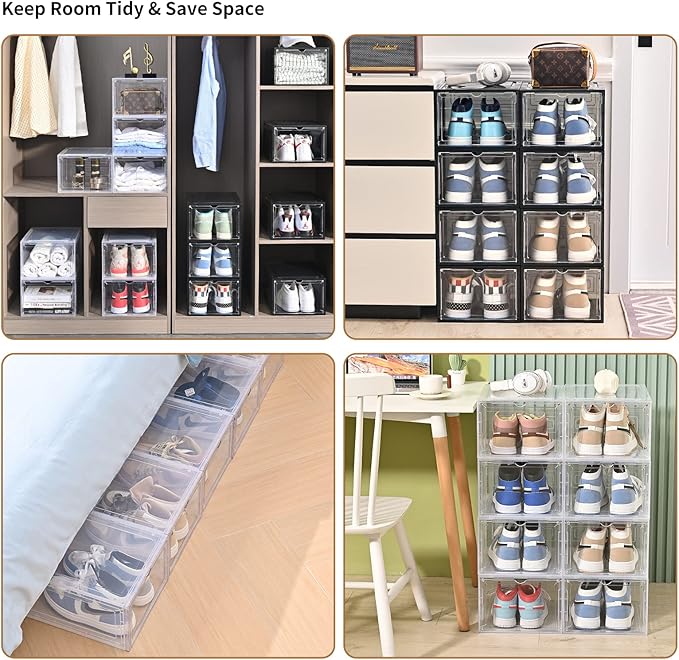 KEFA 8 Pack US 15 XXL Clear Shoe Storage Boxes Stackable, Shoe Organizer Clear Plastic Shoe Boxes