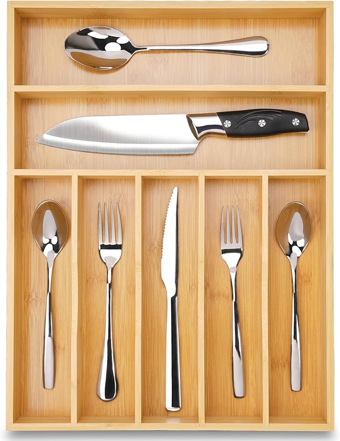 Upassion Bamboo Kitchen Drawer Organizer, 13 Inch Silverware Organizer with Extra-deep Grooved Divider, 7 Slots Pure Bamboo Wood Caddy for Flatware Cutlery Knives, Forks, Spoons
