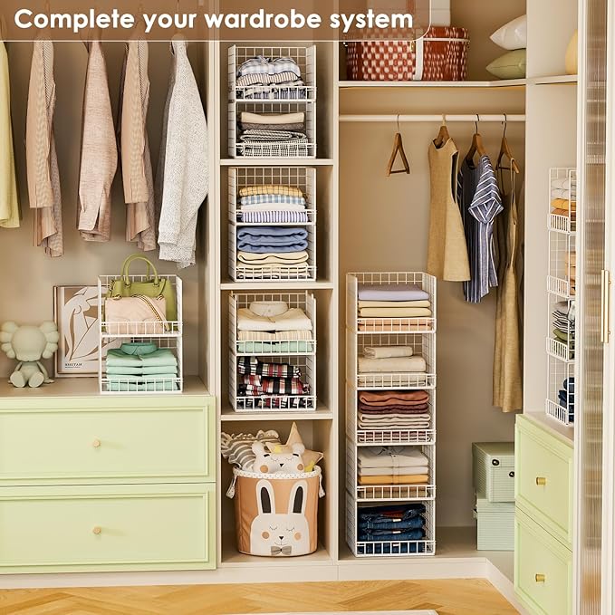 5-Tier Stackable Closet Organizers and Storage Baskets, Closet Shelf Organizer, Space-Saving closet organizer system, Foldable Clothes Storage Bins for Closet Organizer System, White(Patent 30022416)