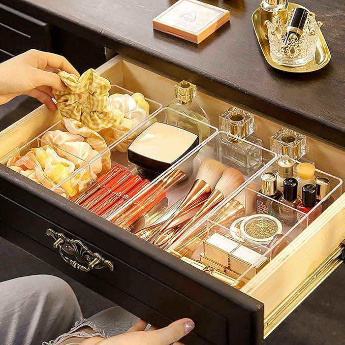 JessLab Acrylic Organizer, 2PK Cube Sections Makeup Organizer for Drawer, Makeup Organizer for Vanity, Countertop, Bathroom, Kitchen and Cabinet Storage(1+3 Compartment)