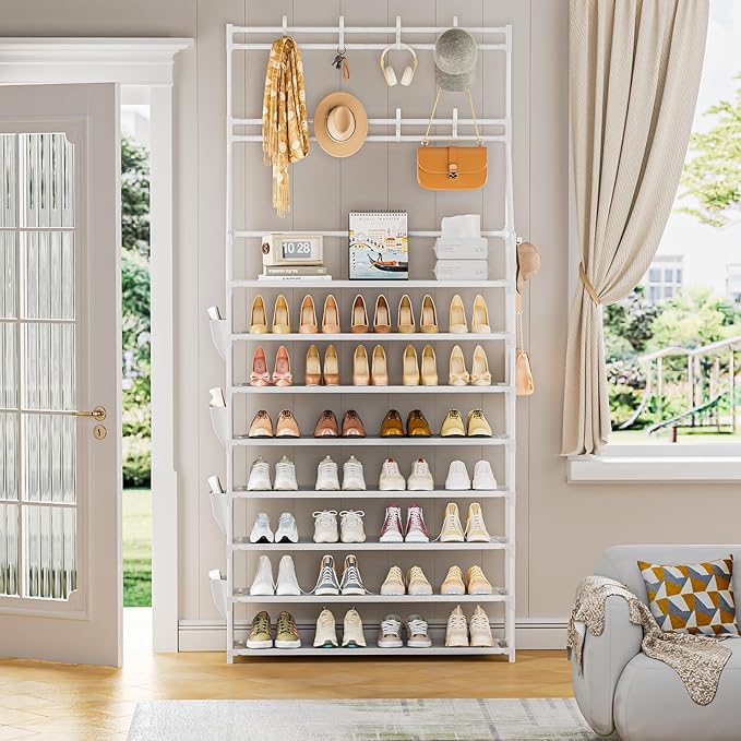 OYREL Shoe Rack 8 Tier Large Shoe Organizer Storage 32-40 Pairs Metal Shoe Storage Rack with Hooks and Side Pocket for Entrance Entryway Closet Shoe Shelf Holder