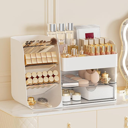 Makeup Organizer with 2 M Drawers & Brush Holders, White, M
