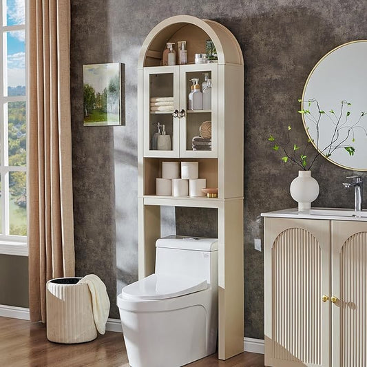 Arched Over The Toilet Storage Cabinet with Acrylic Doors, Cream