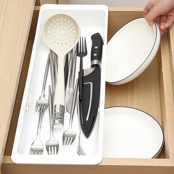 2 Pack Deep Drawer Organizer Bins, Sliding Drawer Organizer Bin Expandable and Adjustable Tray for Kitchen Utensils, BBQ Tools, Towels, Durable Plastic Sliding for Easy Storage(17.4-27.6")