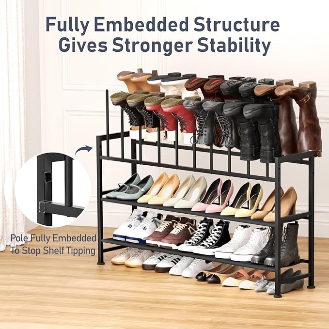 DIMJ Free Standing Shoe Racks - 3-Tier Boot Rack, Black Metal Boot Storage Organizer Tall Boots, Tall Boot Organizer for Closet, Multiuse Shoe Rack for Boots, Sneakers,Fit for 10 Pairs, Black