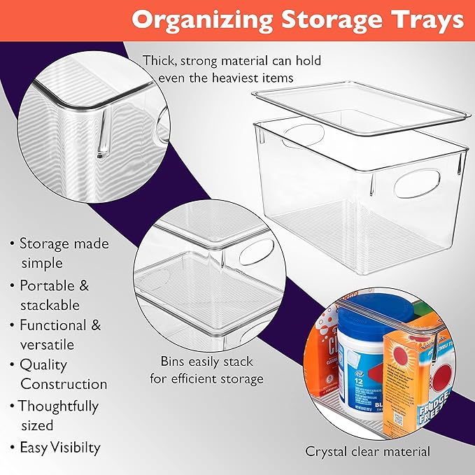 Plastic Storage Bins With lids, Perfect Kitchen Fridge Organizer, 4 Pack