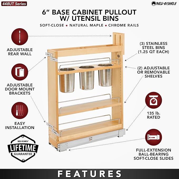Rev-A-Shelf Maple Pullout Utensil Organizer with 3 Bins & BLUM Soft-Close for Full-Height Base Cabinets, Full Extension Slides, Adjustable Shelves, Min Opening Width of 5.5", 448UT-BCSC-5C