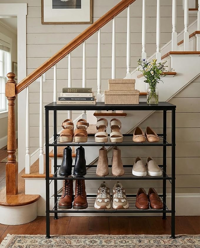 4-Tier Shoe Rack for Entryway, Bedroom & Living Room – Sturdy Shoe Storage Organizer with Adjustable Leveling Feet, Compact Design (26.9”x 11.8”x 25.1”), Black