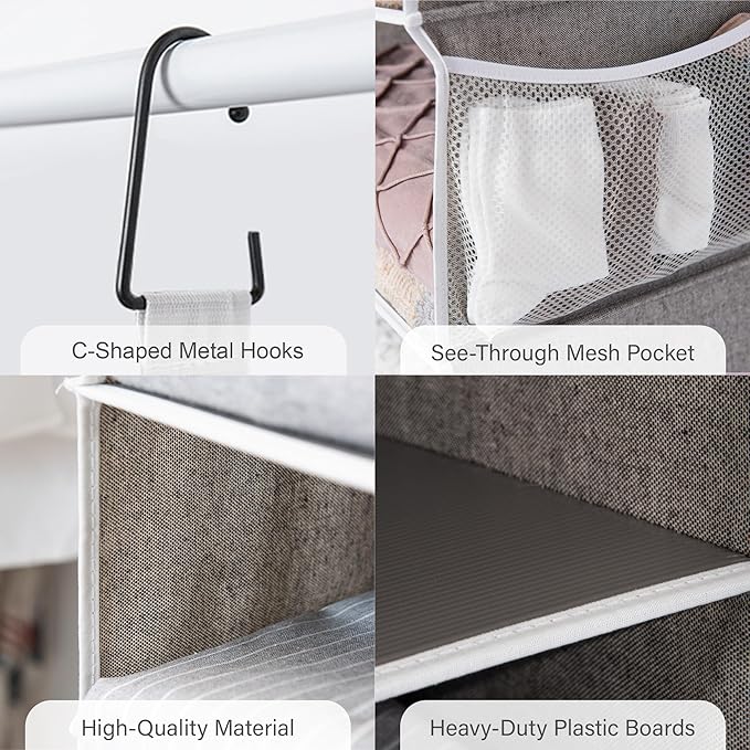 StorageWorks Hanging Closet Organizer, 5-Shelf Hanging Shelves with 2 Hooks, Foldable Space-Saving Design, Closet Organizers and Storage for Bedroom, Dorm, Locker, Gray
