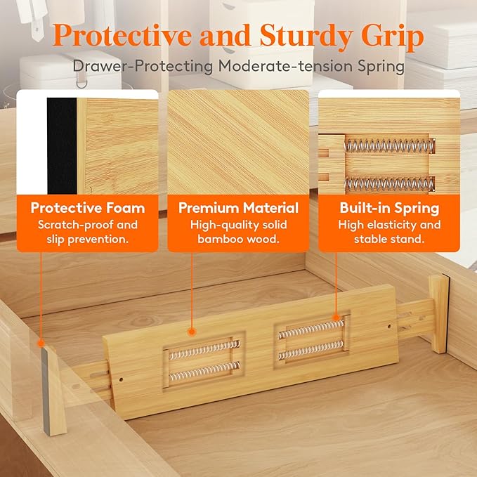 4" High 8 Pack Bamboo Drawer Dividers 43-54cm/17-21.5" Adjustable Wooden Drawer