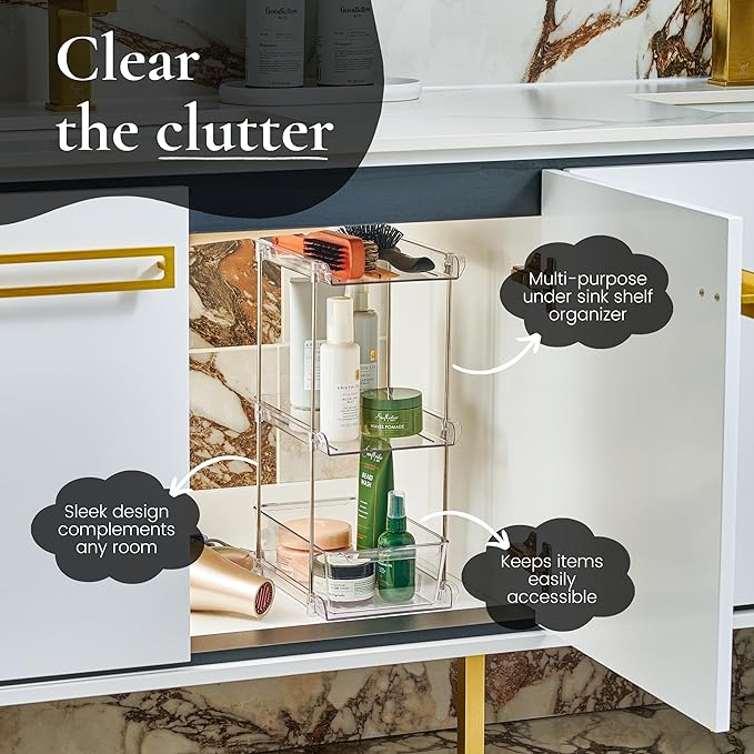 3 Tier Clear Under Bathroom Sink Organizer Pull Out Drawer | Bathroom Cabinet Under Sink storage | Under Vanity Organizer | Medicine Cabinet Storage | (2 Pack)
