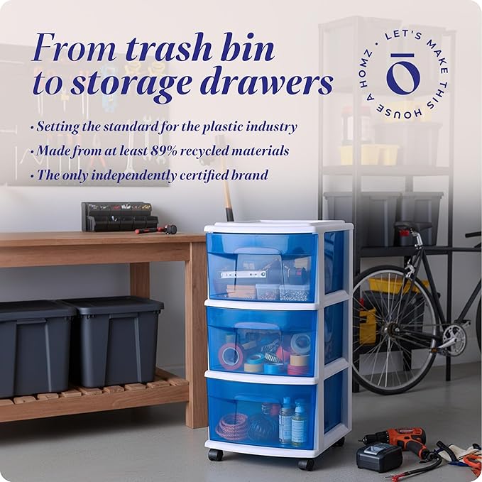 Drawer Tower, 3-Tier Clear Blue Plastic Storage Organizer Cart, White Frame