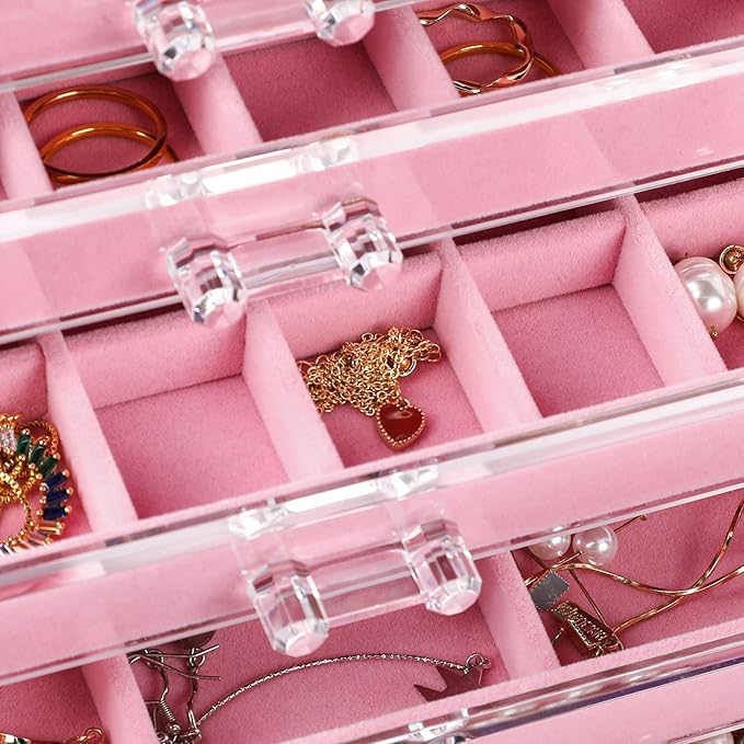 Frebeauty Acrylic Jewelry Organizer Earring Organizer Box with 5 Drawers Earring Holder Organizer with Velvet Trays Clear Jewelry Box for Women Earring Display for Rings StudsPink