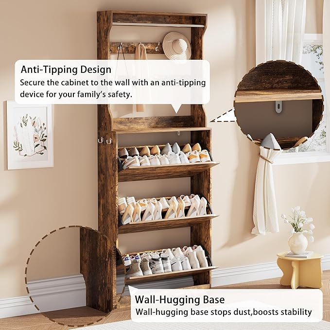Shoe Storage Cabinet, Wood Shoe Organizer for Entryway with 3 Flip Drawers, Freestanding Shoe Rack with Adjustable Shelf, Narrow Shoe Dresser for Front Door Entrance(Brown, 78.74" x 31.5" x 9.37")