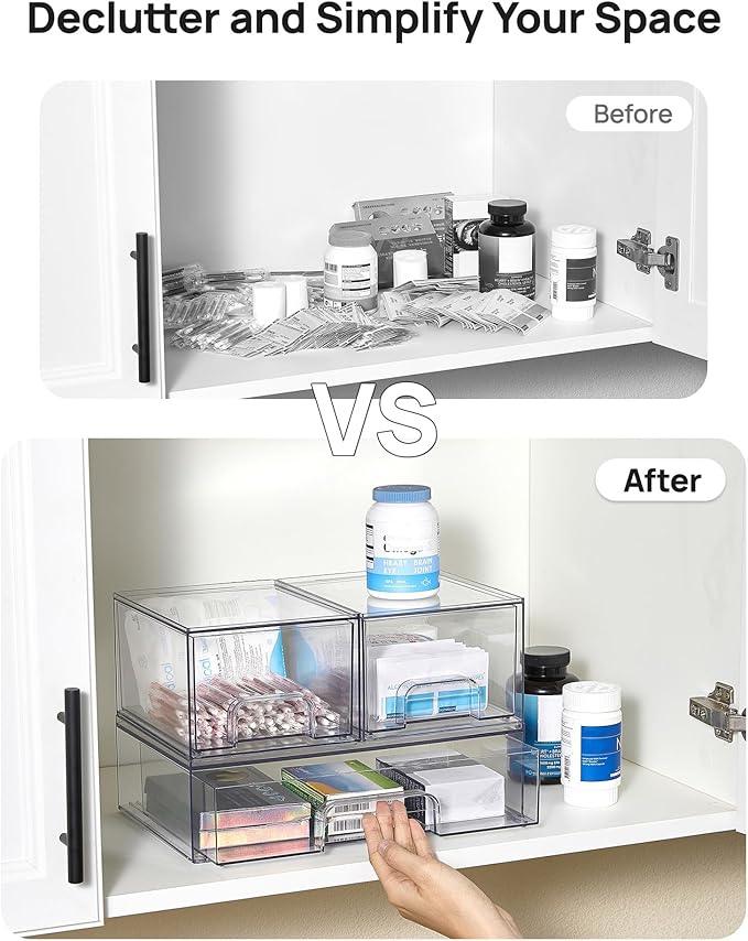 Stackable Storage Drawers Set of 3, Clear Plastic Organizer Bins for Makeup