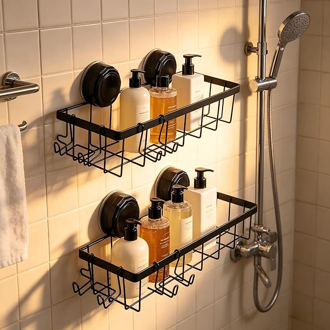 Shower Caddy Suction Cup Adhesive with Hooks, Heavy Duty Shower Shelves Storage Organizer for Bathroom, No Drilling Bathroom Shelf with Large Capacity, Black Metal Storage Basket