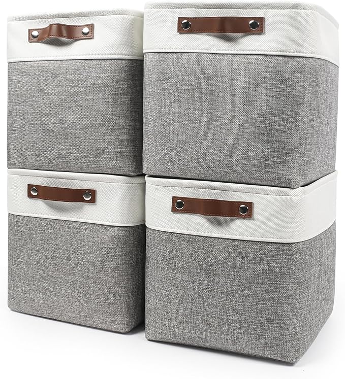 Bagnizer Collapsible Fabric Storage Cubes 11x11 Cube Storage Bins, 4 Pack Closet Baskets Box with Handles for Organizing, Shelf, Toys, Clothes, Home, Office, Nursery (Grey&White)