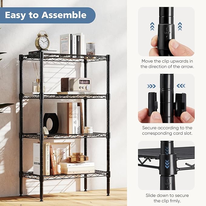 DUMOS 4-Tier Metal Wire Storage Shelves, Adjustable Standing Storage Rack Shelf, Heavy Duty Steel Shelving Unit Organizers for Kitchen Bathroom Pantry Garage, 23.2" W×13.4" D×47.1" H, Black