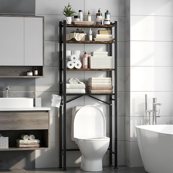 4-Tier Over The Toilet Storage with Paper Holder and 4 Hooks