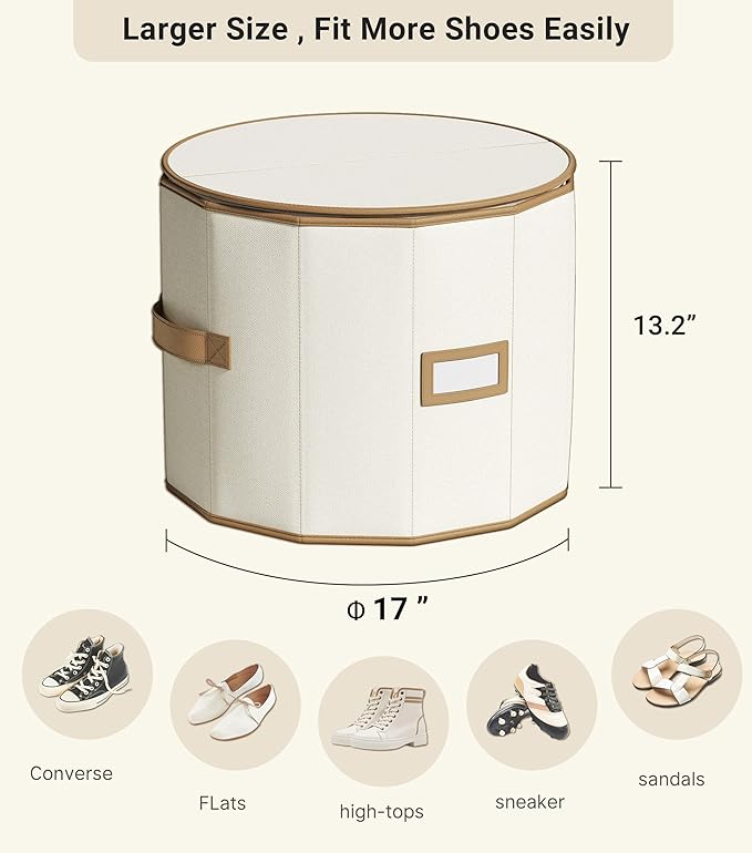 Vailando Shoe Organizer for Closet - Cylindrical Shoe Storage Organizer with Adjustable Dividers for Closet, Foldable Shoe Storage Box, Beige, 2-Pack, Large