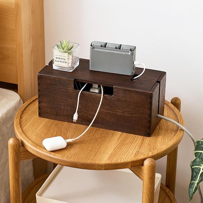 Oak Wood Cable Management Box - Large Cord Hider & Organizer with Magnetic Lid for Desk & Floor Cables in Home Office, Living Room, Bedroom (Walnut)