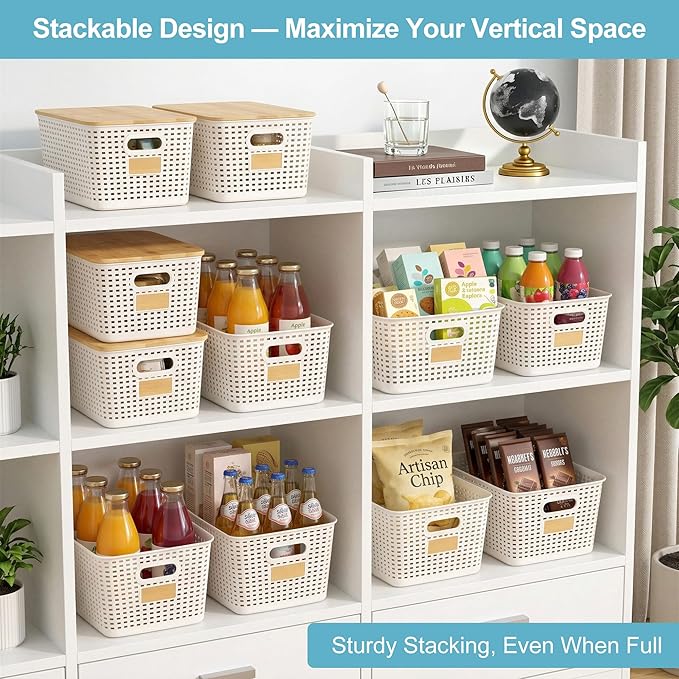 2 Pack Tall Plastic Storage Bins with Bamboo Lids, Cream White