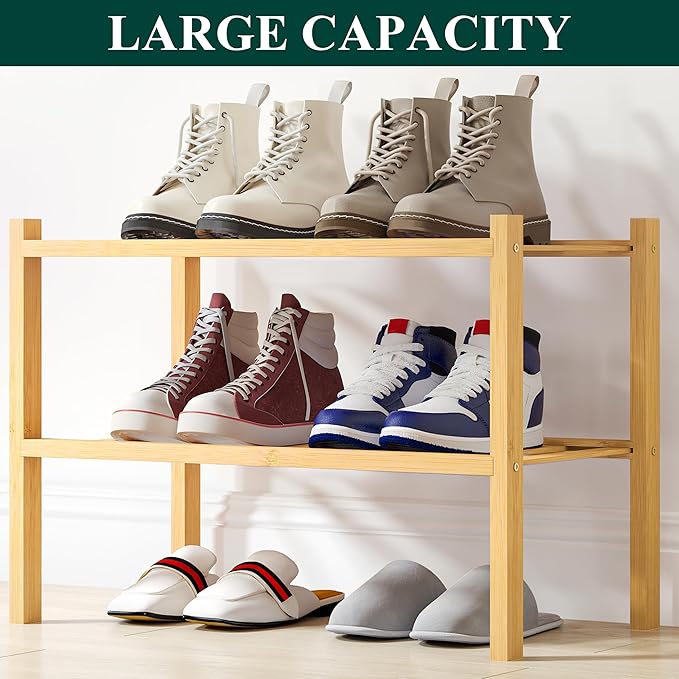 Smiry Small Bamboo Shoe Rack, 2 Tier Free Standing Wooden Shoe Organizer, Stackable Wood Shoe Storage Shelf for Closet, Entryway, 12 Vertical Slats, One-piece Standard Legs, 17.3"x11"x13", Natural