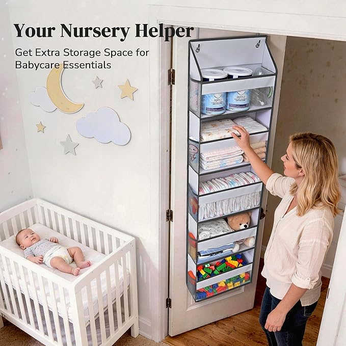 5 Tiers Ultra-thin Over Door Organizer with 10 Mesh Side Pockets, 44 lbs Weight Capacity Hanging Storage Organizer with Clear Window Kids Toys, Shoes, Diapers, White & Grey