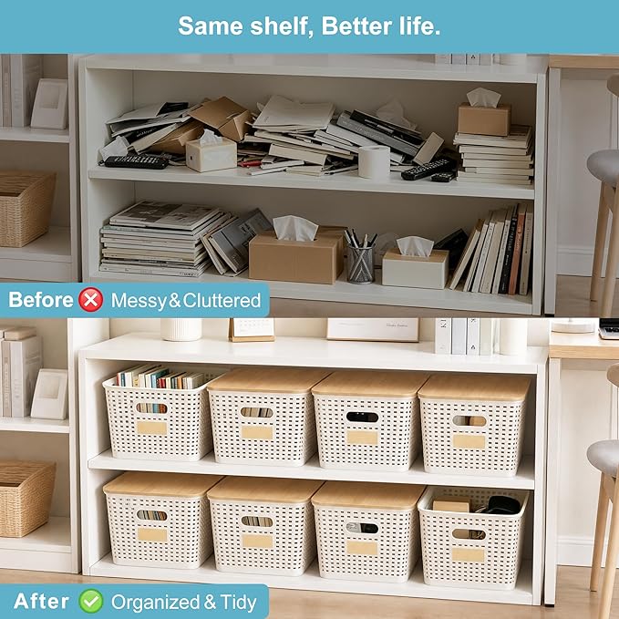 2 Pack Tall Plastic Storage Bins with Bamboo Lids, Cream White