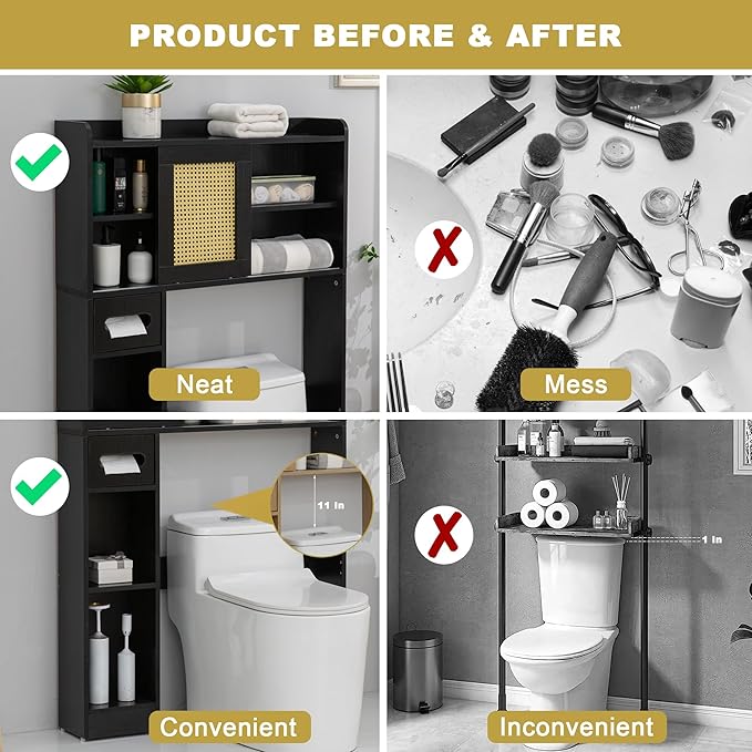 SUNTAGE 6Tier Over The Toilet Storage Cabinet, Freestanding Above Toilet Space Saver Rack w/Adjustable Shelves, Sliding Door, Multifunctional Over Toilet Organizer for Bathroom (Black)