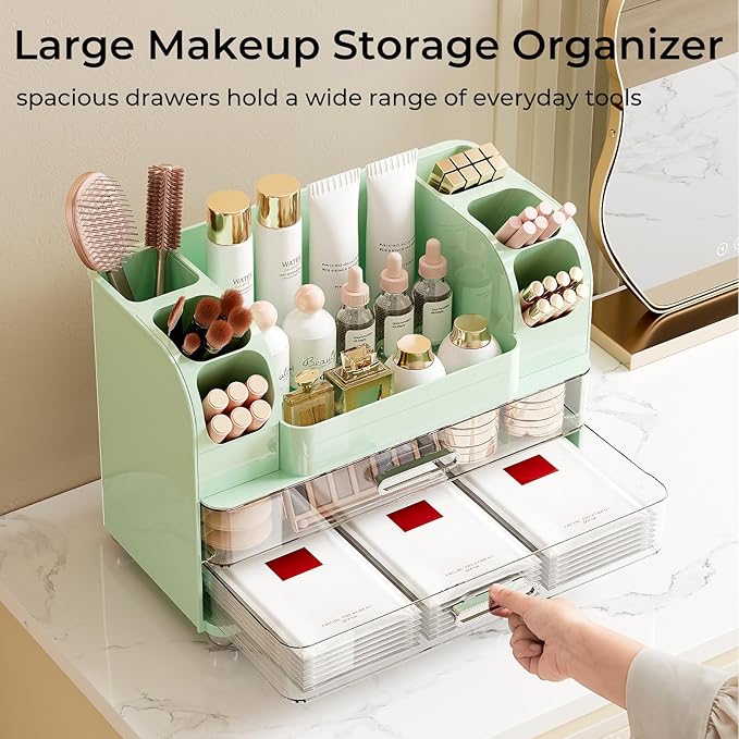 UFORU Makeup Organizer for Vanity with 2 Large Drawers, Cosmetic Display Case with Brush Holders, Easy to Storage for Bathroom Countertop Skincare, Perfume, Green