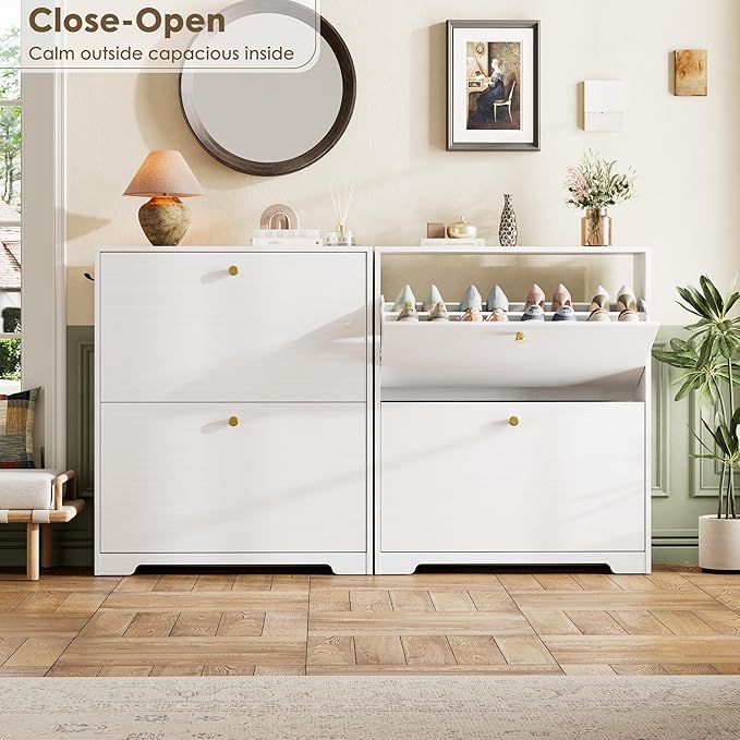 Nicetree Shoe Cabinet with 2 Flip Drawers, Narrow Shoe Organizer Cabinet, Freestanding Shoe Rack Cabinet, Morden Shoe Storage Cabinet for Entryway, Hallway, Foryer, White