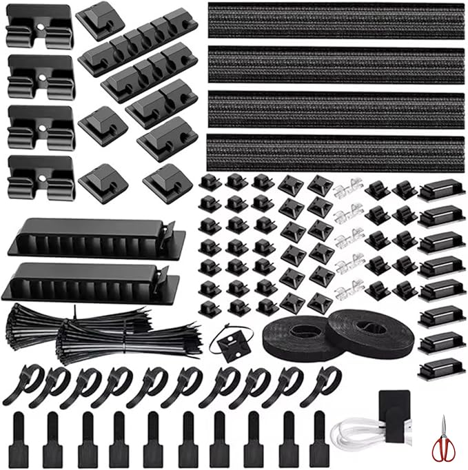 314 Piece Cord Organizer & Cable Management Set, All in One Desk and TV Cable Management Kit with Clips, Sleeves, Ties, Mounts for Home Office Perfect Tech Organizer Scissors & Travel Case Included