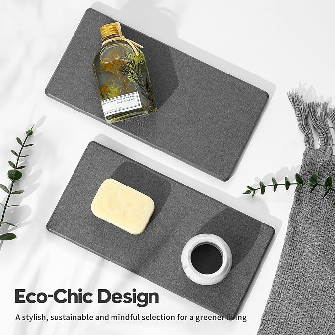 2PCS 10"x 5" Large Bathroom Sink Vanity Trays, Water Absorbing Diatomite Stone Quick Drying Mat for Kitchen Counter, Dish Rack Dispensers Sponge Holder Caddy Organizer, Dark Gray,