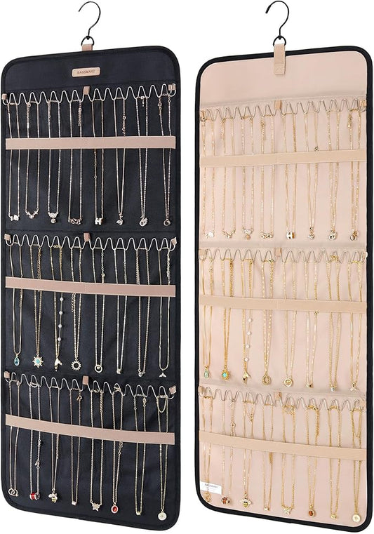 Hanging Necklaces Organizer Jewelry Holder Storage Roll with Hanger Metal Hooks