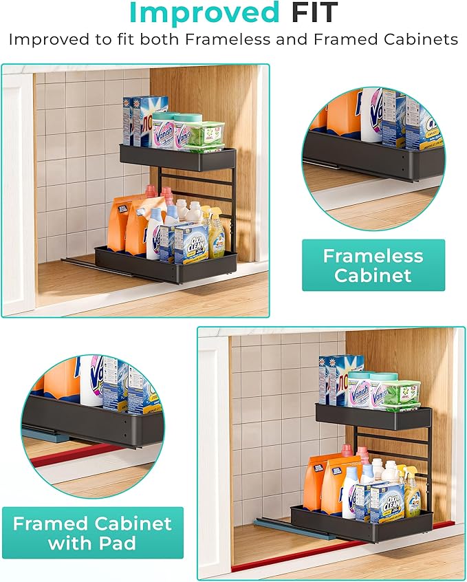 EVERIE Metal Pull Out Slide Shelf Organizer for Under Sink Organization in Kitchen, Bathroom, Counter, Cabinets, Minimum Available Space 13" Wide x 16.5" Deep (Black, 1 Set)