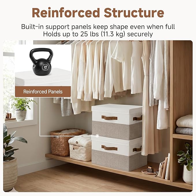 StorageWorks Fabric Storage Bins with Lid, Decorative Storage Boxes for Shelves, Stackable Closet Organizer Basket with Handles, Large, Brown and White, 2-Pack