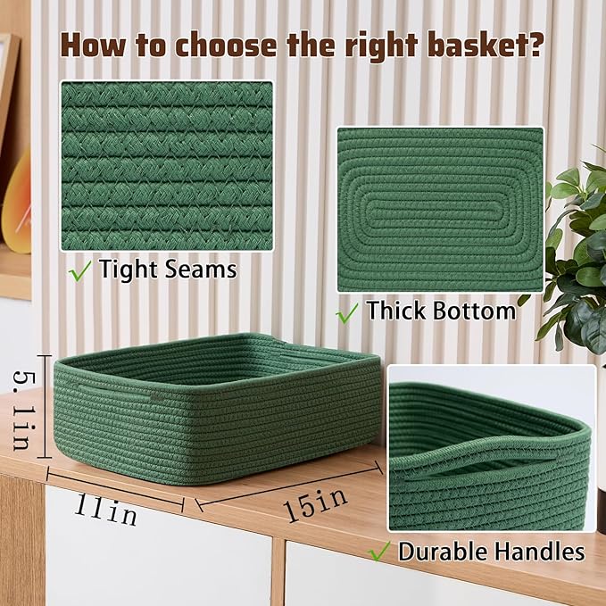MiniArk Large Shallow Organizing Baskets 15x11x5.1 Inches - Rope Woven Storage Bins for Bathroom, Shelves, Cube Closet, Green 3 Packs