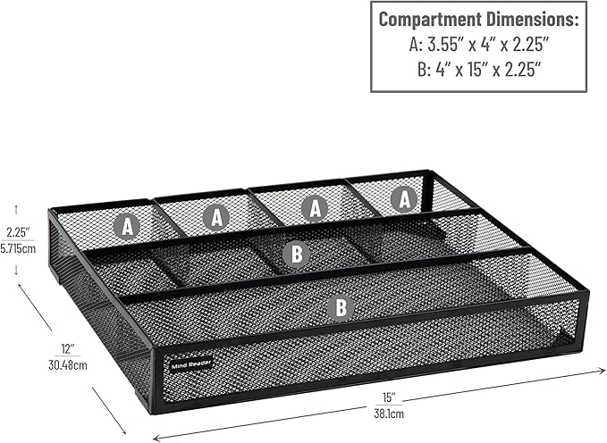 Mind Reader Drawer Organizer, Desk Org, Utensil Organizer, Office, Kitchen, Metal Mesh, Set of 2, Black