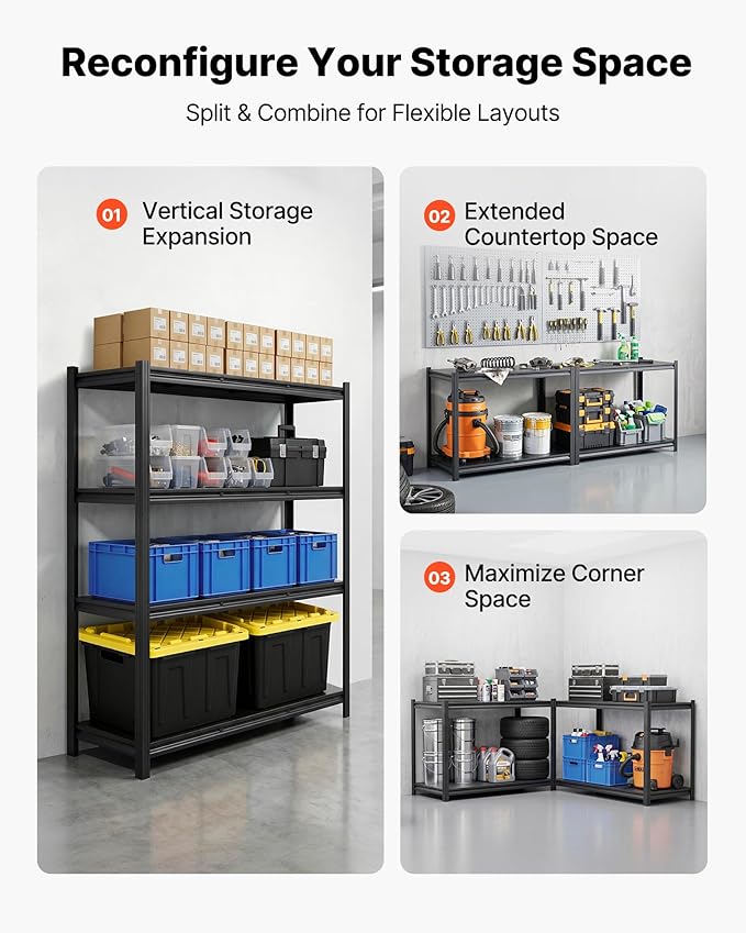 VEVOR Storage Shelves, 4-Tier Adjustable, 2400 lbs Capacity, Heavy Duty Garage Storage Shelving Unit, Metal Utility Rack Shelf, for Garage Workshop Warehouse Basement, 40.55" W x 20.55" D x 60.2" H
